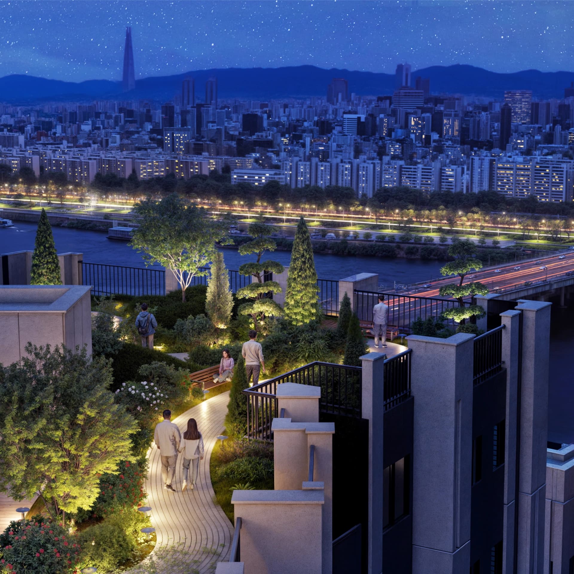 디 애스턴 한남 한강뷰 아파트 루프탑 야경 — 한남동 하이엔드 프리미엄 민간임대